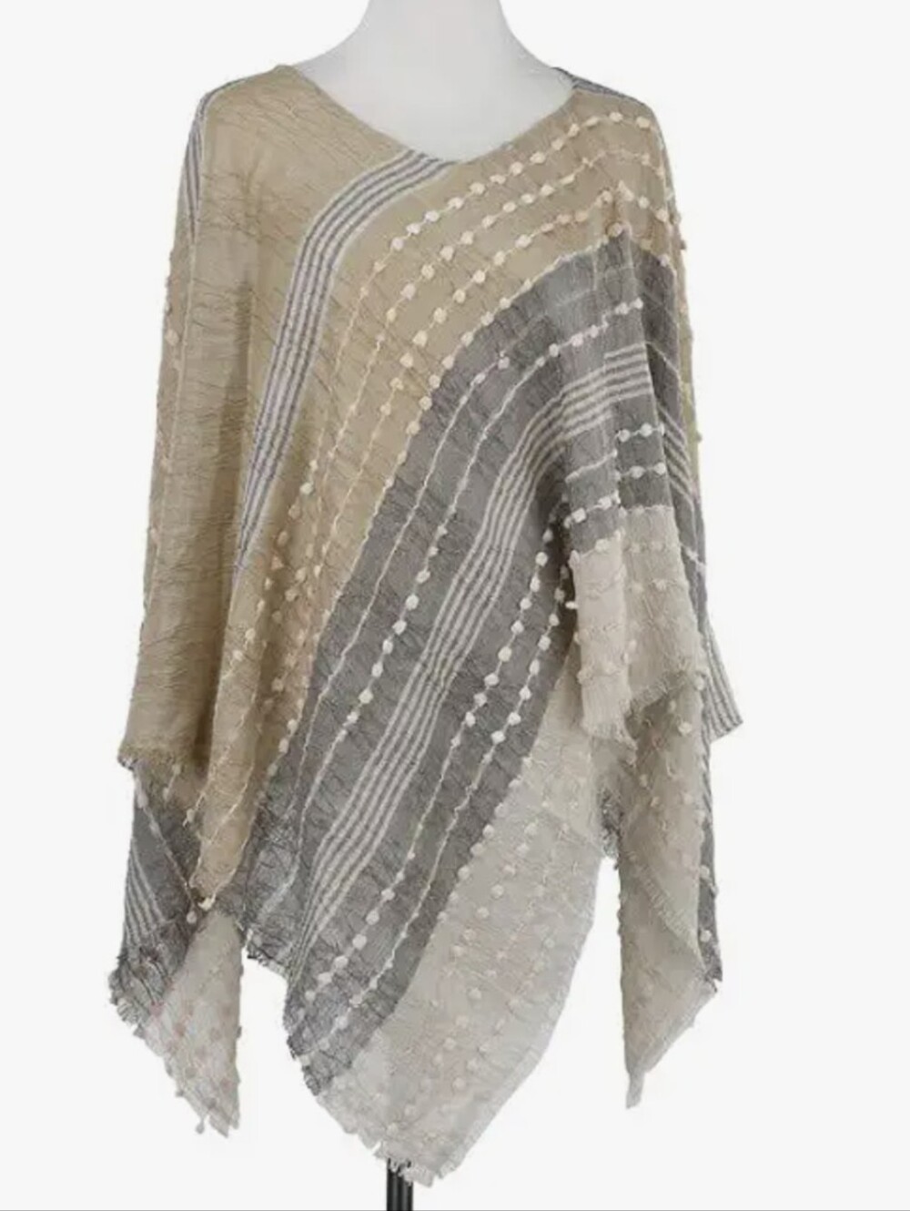 Demdaco Beige, Gray & Cream Striped Poncho Sweater Textured Size OS Neutral Fall